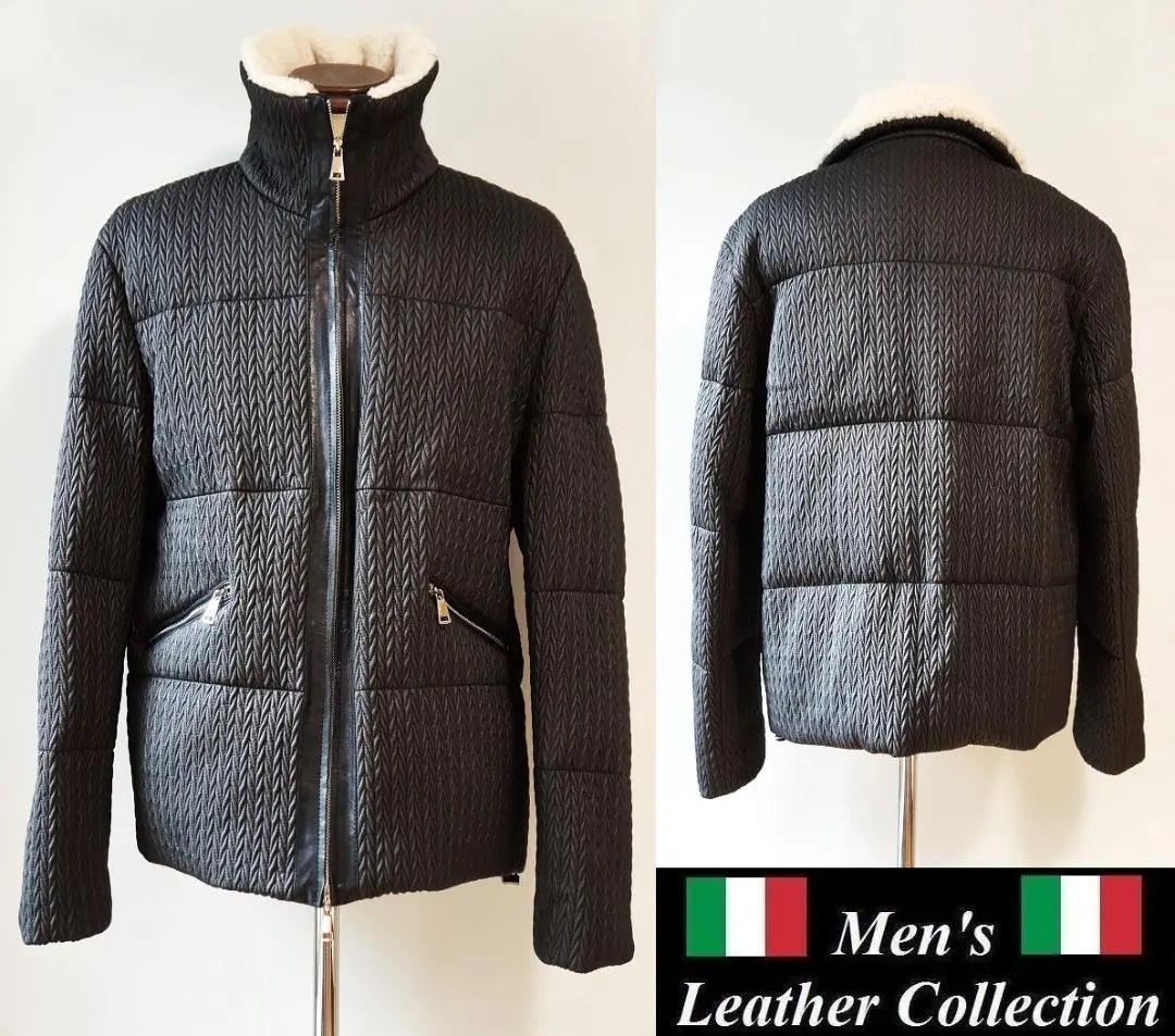 Una fusión de lo militar y lo elegante ☆ Chaqueta de cuero con cuello de mutón Chaqueta de cuero negra para hombre Cuero genuino nuevo