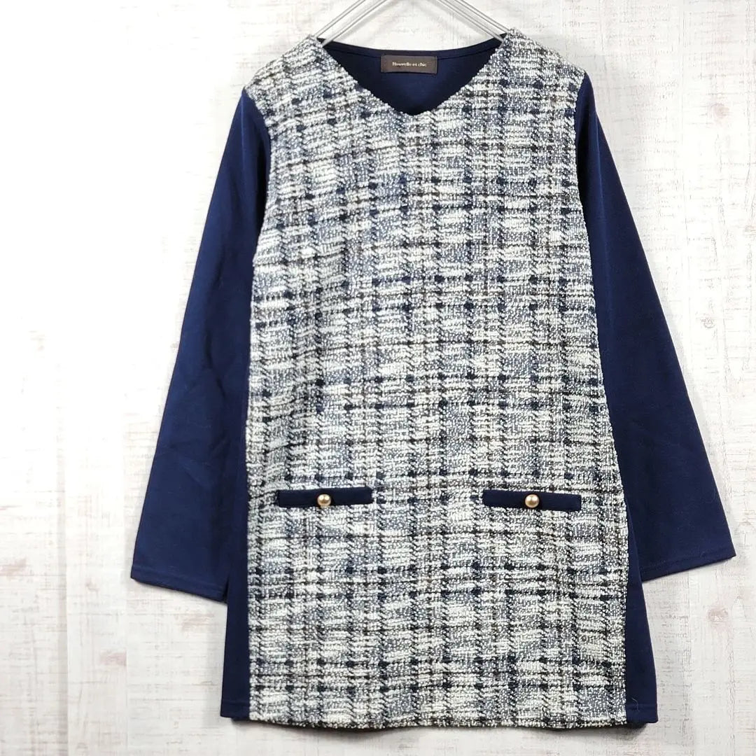 NOUVELLE ET CHIC [M] Tweed Switching Long Sleeve Tunic Knit | Nouvelle et chic【M】 ツイード 切替 長袖 チュニック ニット