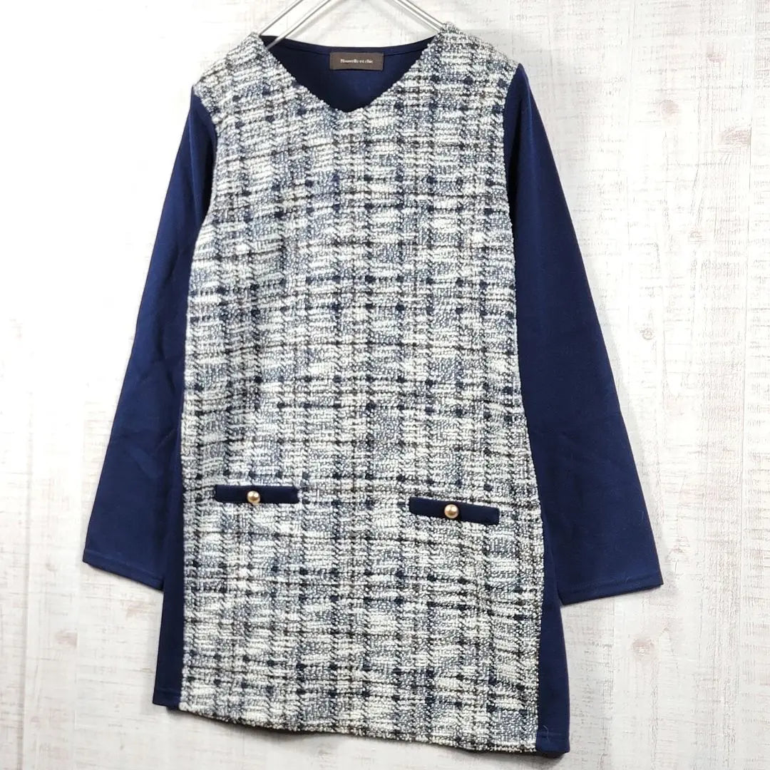 NOUVELLE ET CHIC [M] Tweed Switching Long Sleeve Tunic Knit | Nouvelle et chic【M】 ツイード 切替 長袖 チュニック ニット