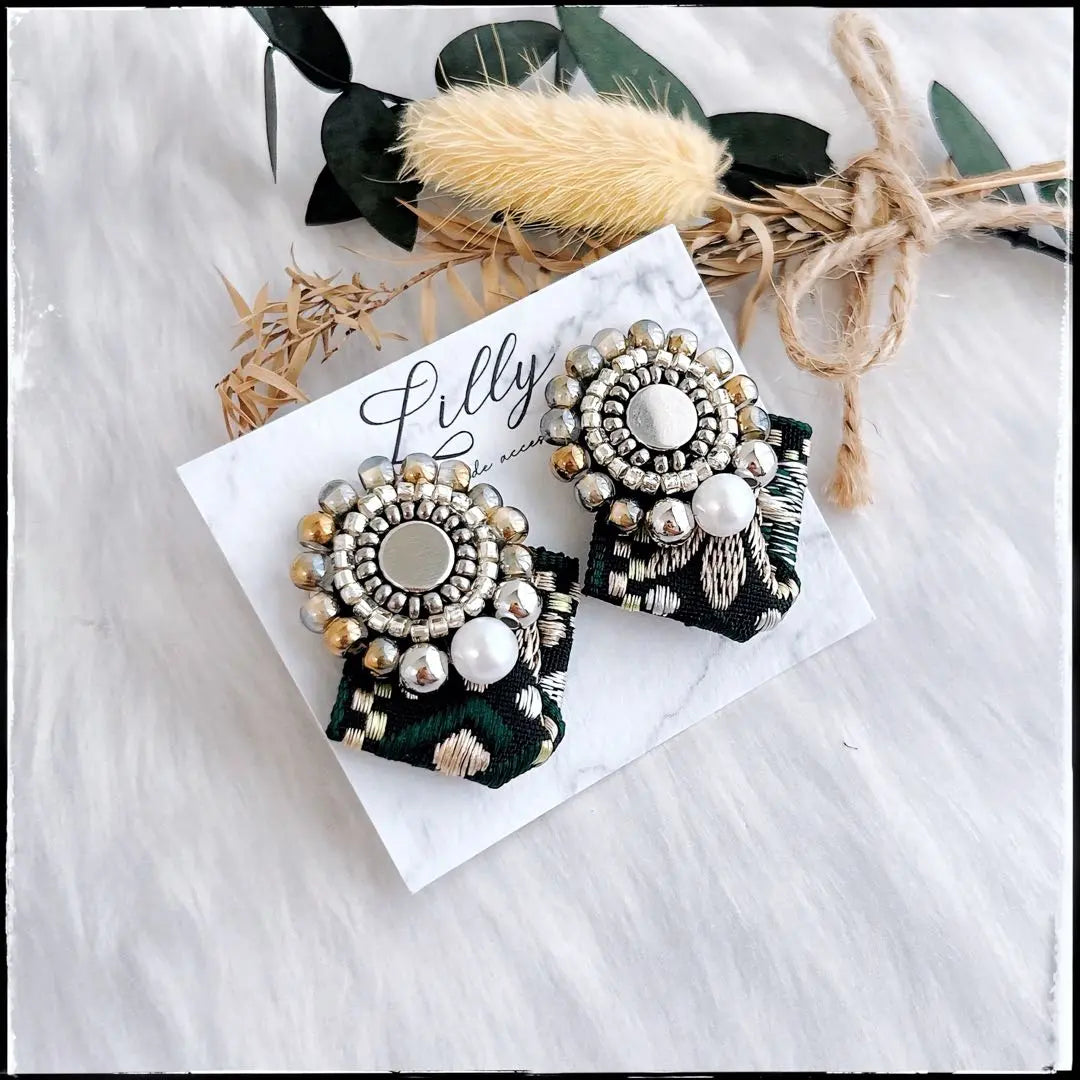 #629 Small / Indian Embroidered Ribbon / Pearl / Silver / Handmade Earrings