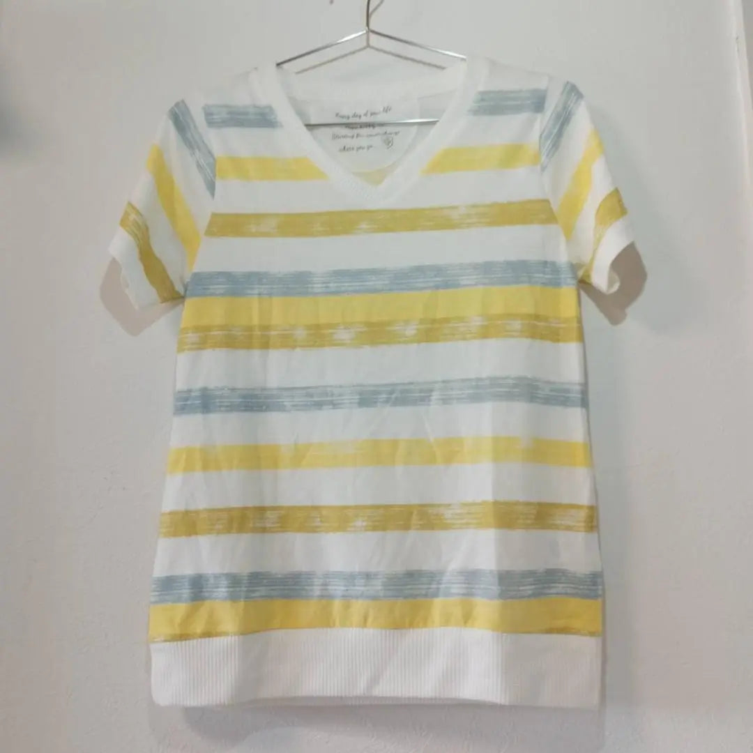 T-shirt V-neck border yellow & white & gray s-00568