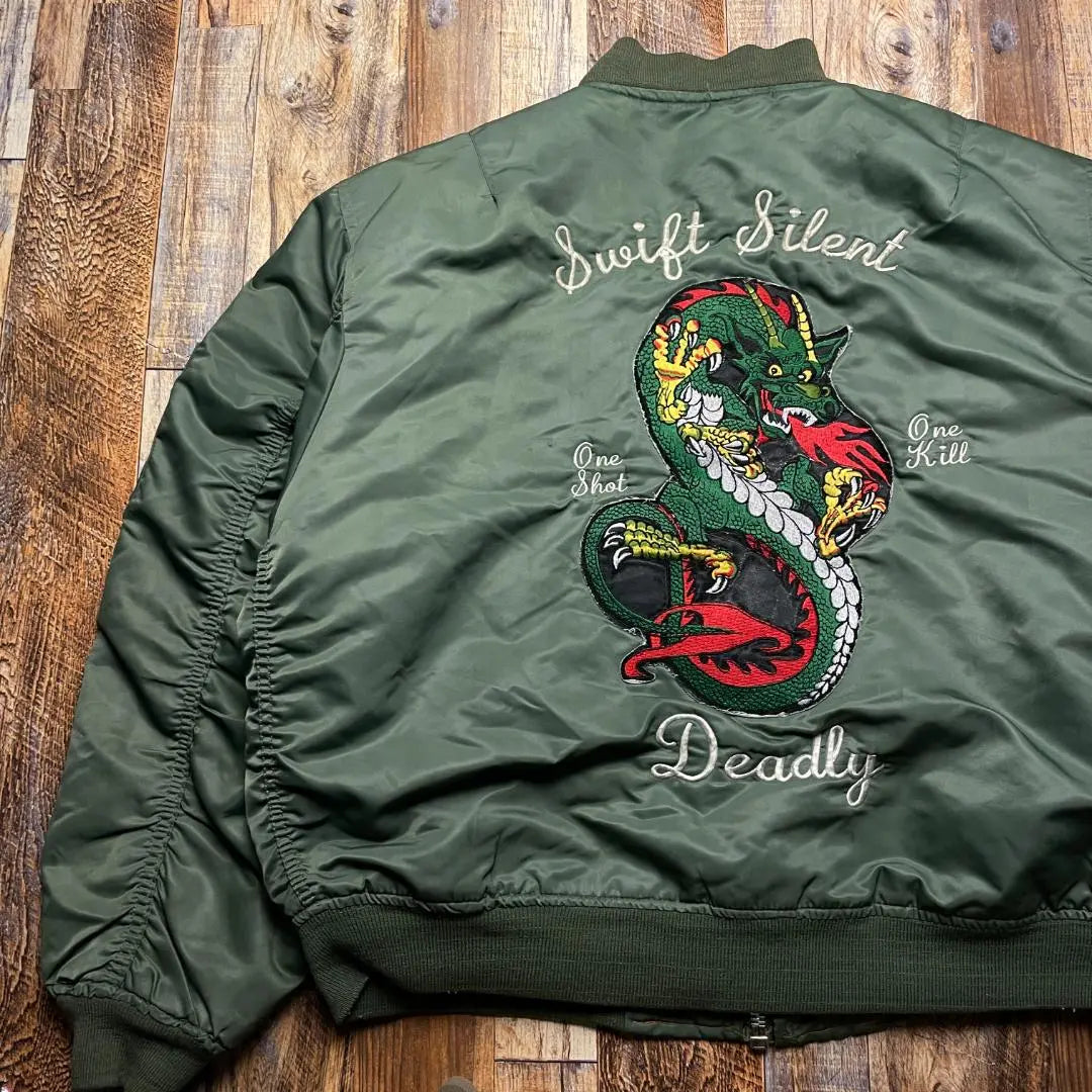 MA-1 Chaqueta de vuelo L Verde Verde Oliva Caqui Bordado Dragon Dragon MA1 Ropa vieja | MA-1フライトジャケットl緑グリーンオリーブカーキ刺繍竜龍ドラゴンma1古着