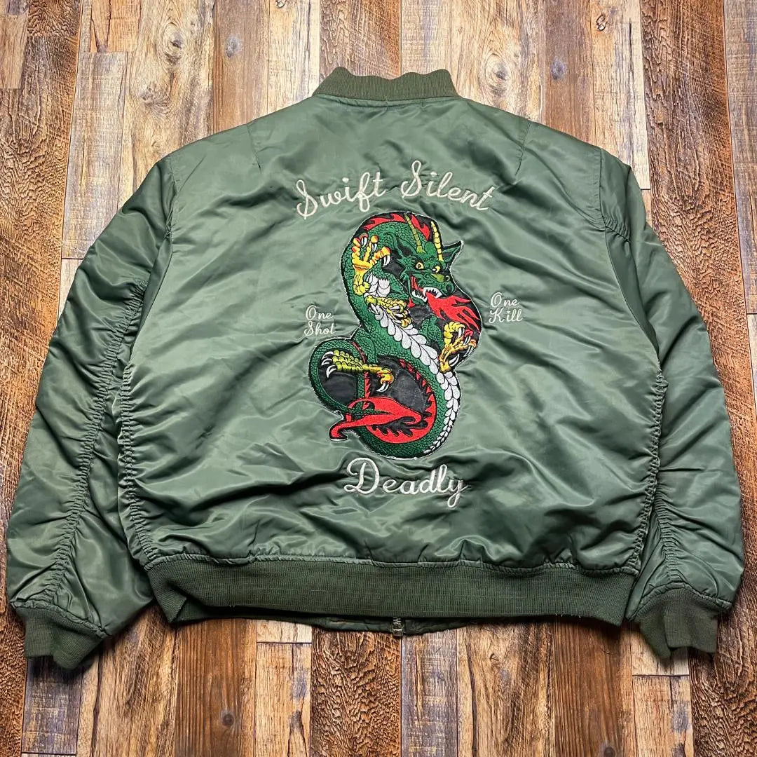 MA-1 Chaqueta de vuelo L Verde Verde Oliva Caqui Bordado Dragon Dragon MA1 Ropa vieja | MA-1フライトジャケットl緑グリーンオリーブカーキ刺繍竜龍ドラゴンma1古着