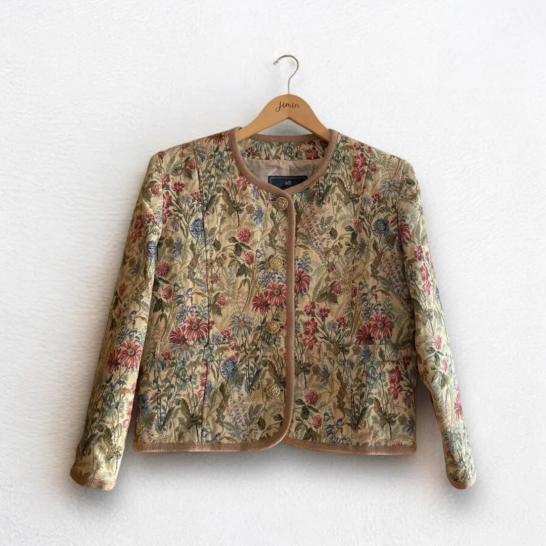 Productos hermosos ☆ Patrón de flores tejido goblan antiguo Chaqueta corta sin color Hecho en Japón M | M