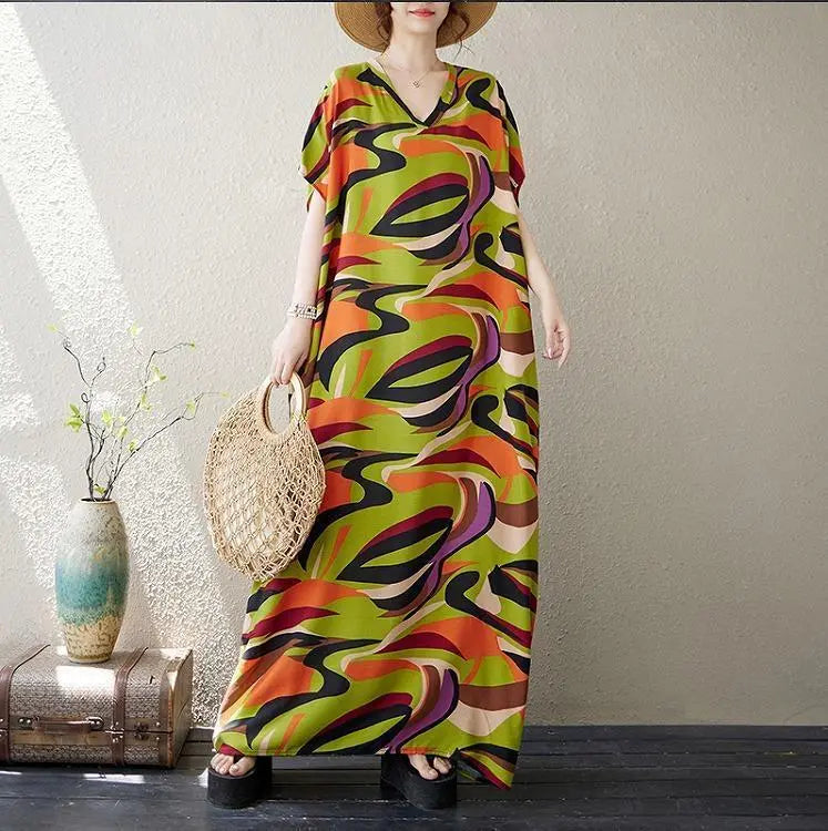 [B155] Large size women's long dress, spring, summer, autumn, new, short sleeves