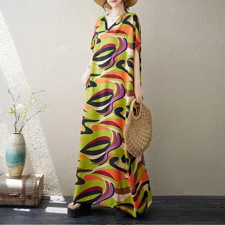 [B155] Large size women's long dress, spring, summer, autumn, new, short sleeves