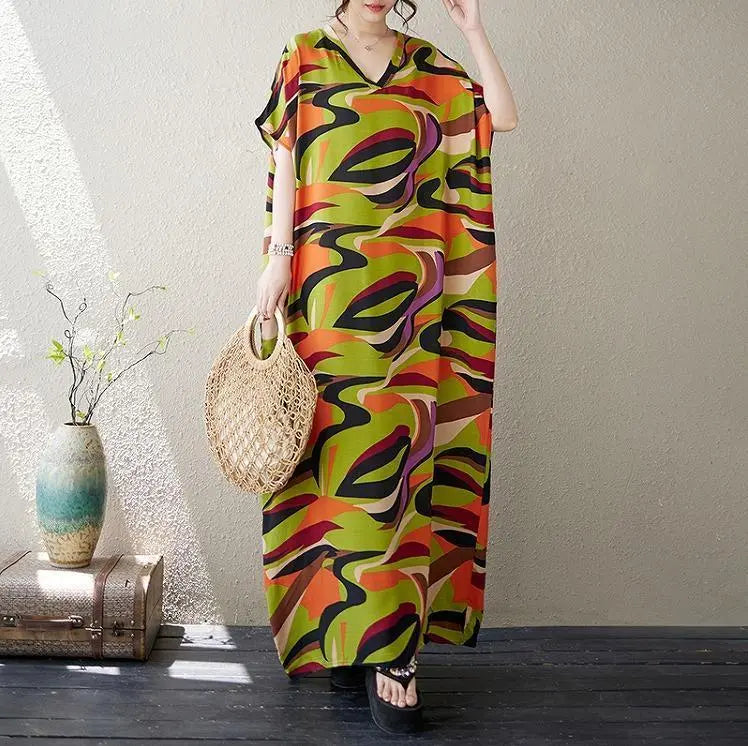 [B155] Large size women's long dress, spring, summer, autumn, new, short sleeves