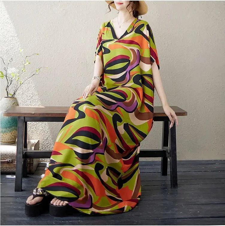 [B155] Large size women's long dress, spring, summer, autumn, new, short sleeves