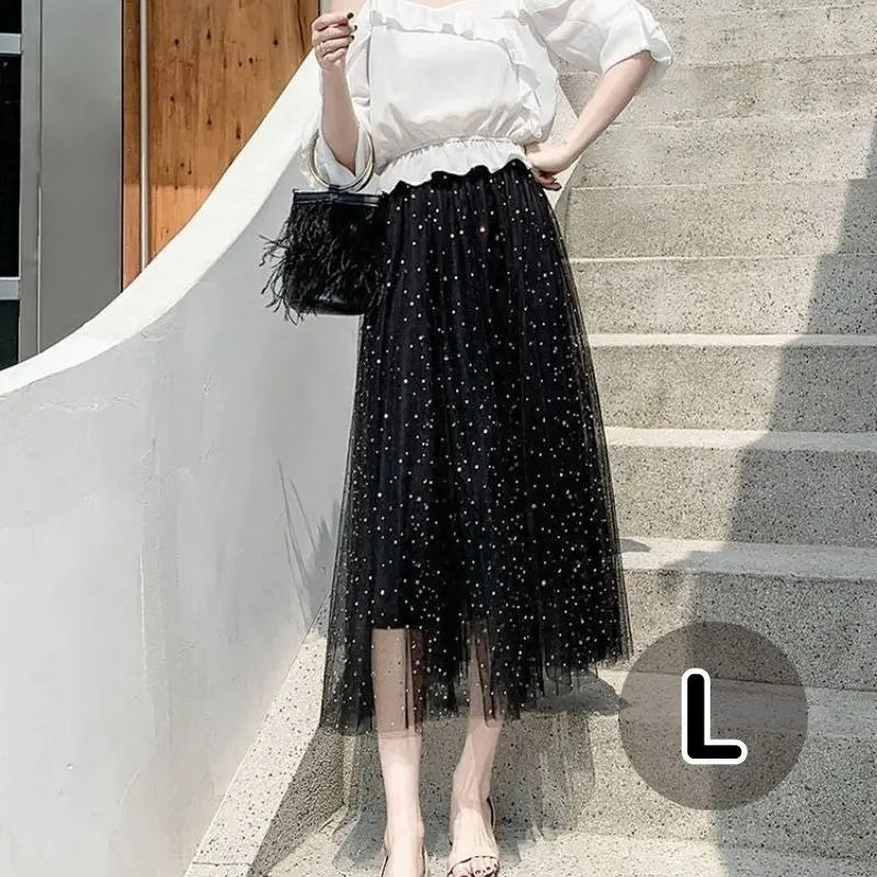 Tulle skirt lace black long sequin women's L