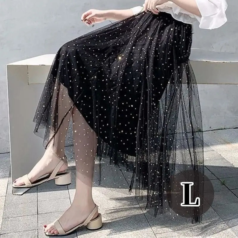 Tulle skirt lace black long sequin women's L