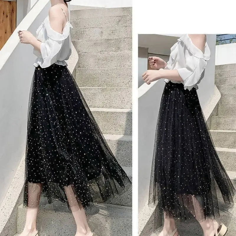 Tulle skirt lace black long sequin women's L