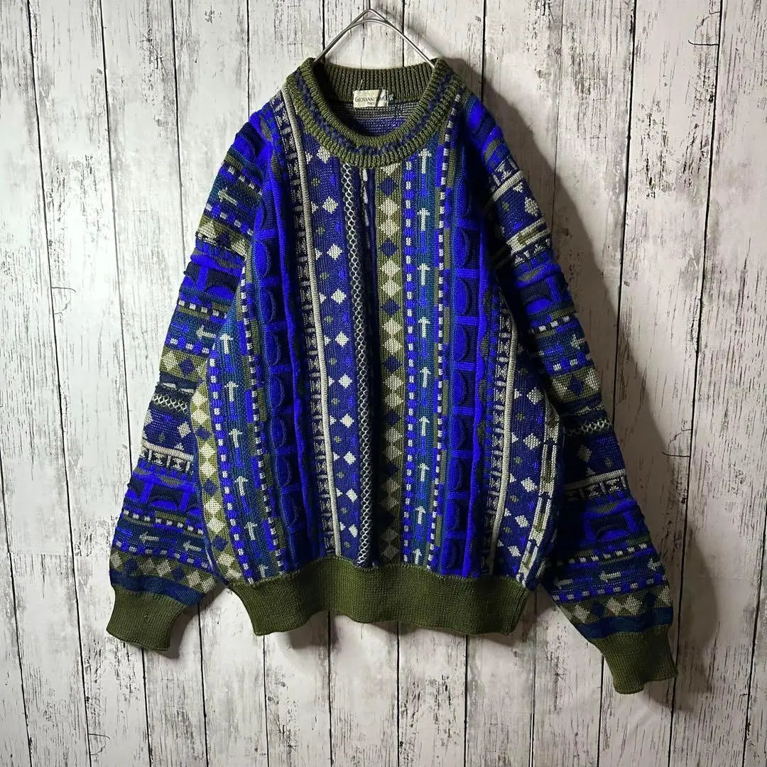 [Popular design] 3D knit ☆ Design sweater ☆ L ☆ Three-dimensional knit ☆ Green Blue ☆ All-over pattern ☆ Good color scheme