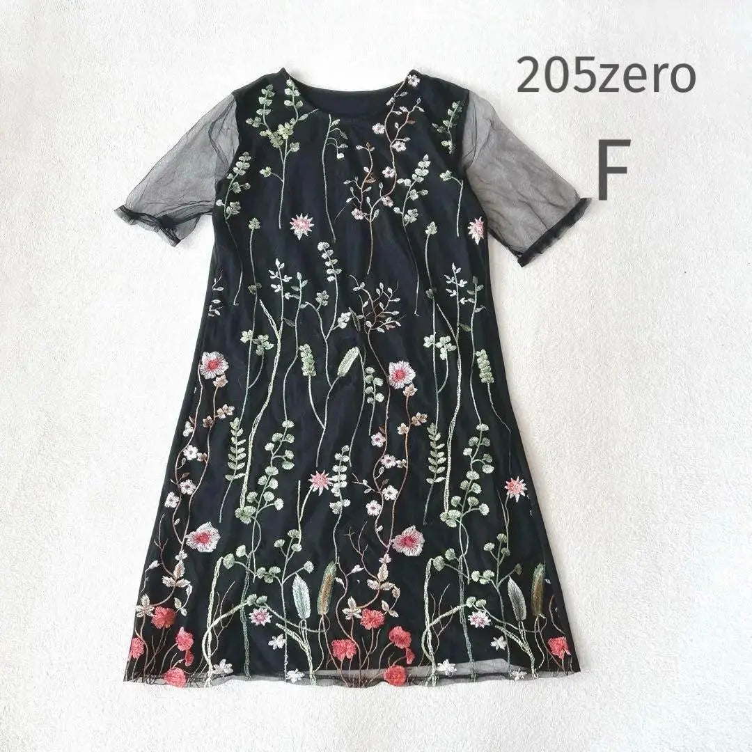 v236 205zero [F] Tulle Tunic Dress Floral Embroidery Black