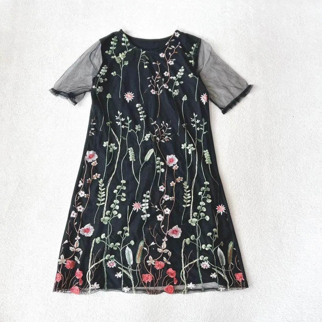 v236 205zero [F] Tulle Tunic Dress Floral Embroidery Black