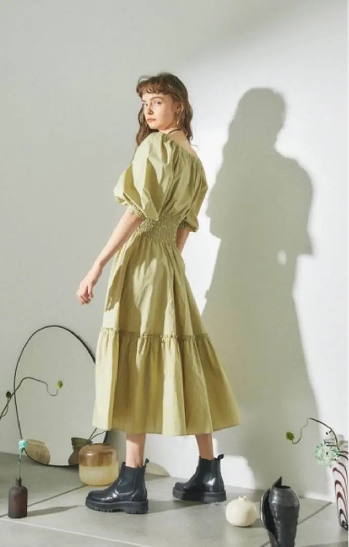 PUBLIC TOKYO Square Neck Shirring Dress/Washable