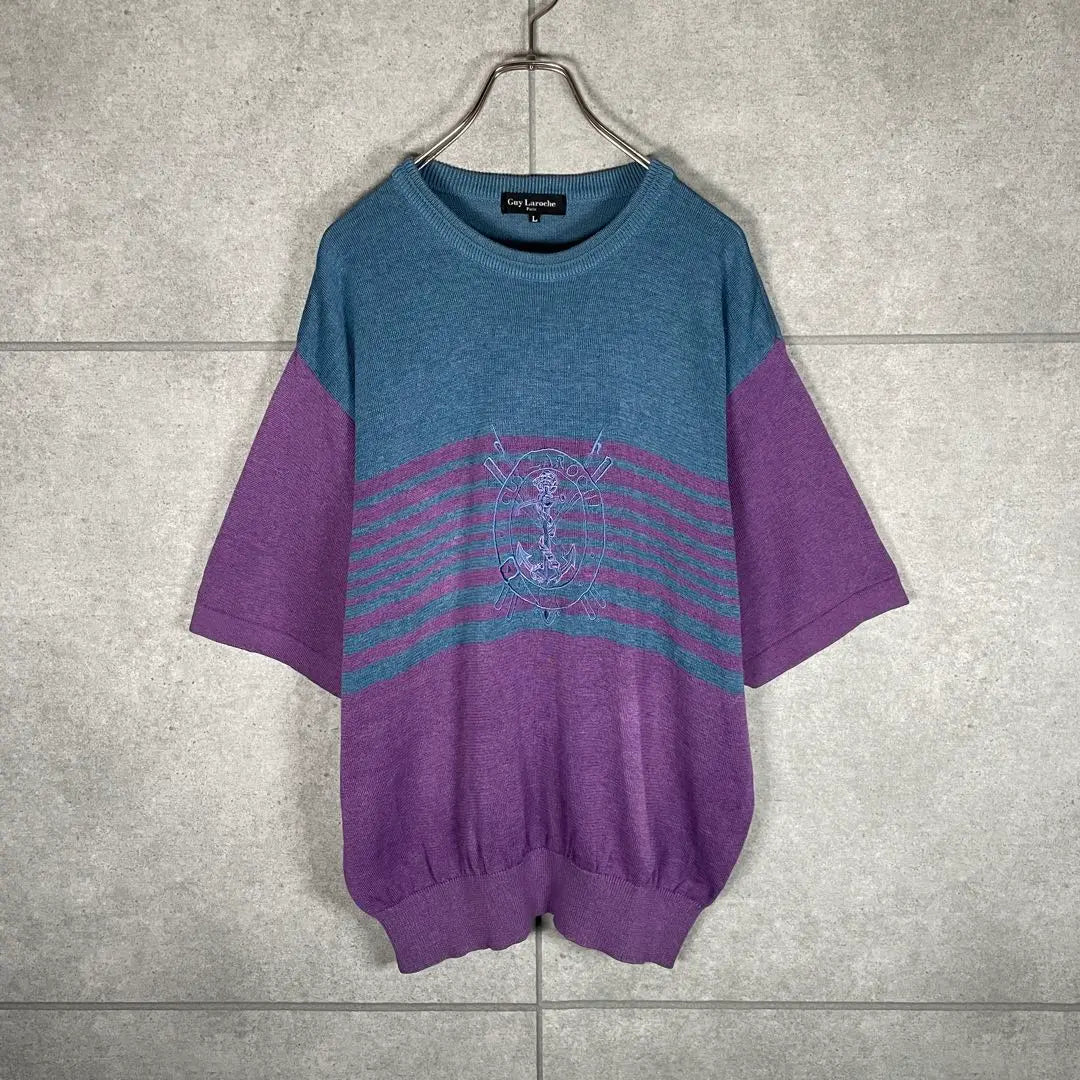 [Ropa usada] Jersey de verano vintage de manga corta con bordado de punto y borde grueso bicolor azul violeta