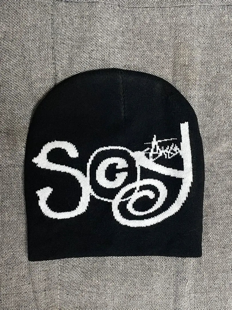 [New unused] Knit hat with black logo Stussy