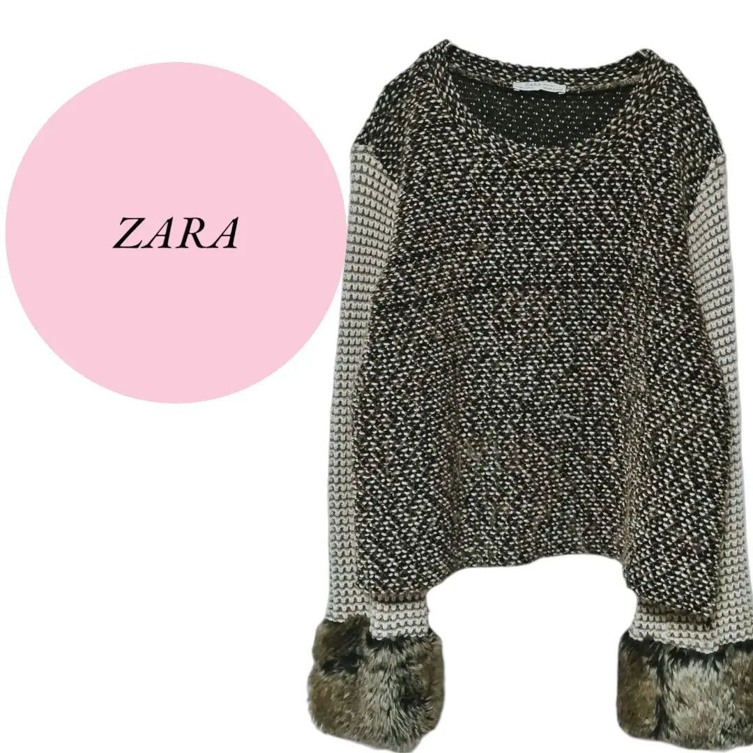 [ZARA] ZARA♡ Tops♡ Con mangas de pelo♡ Diferentes materiales♡Suéter♡De punto【S】Marrón | 【ザラ】ZARA♡トップス♡袖ファー付♡異素材♡セーター♡編み【S】ブラウン系