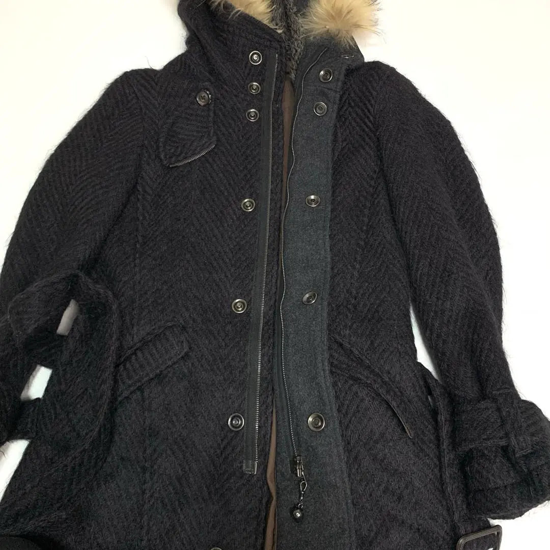 [Wool Herringbone] Shareef Mod Coat Hood Fur Belted Ted