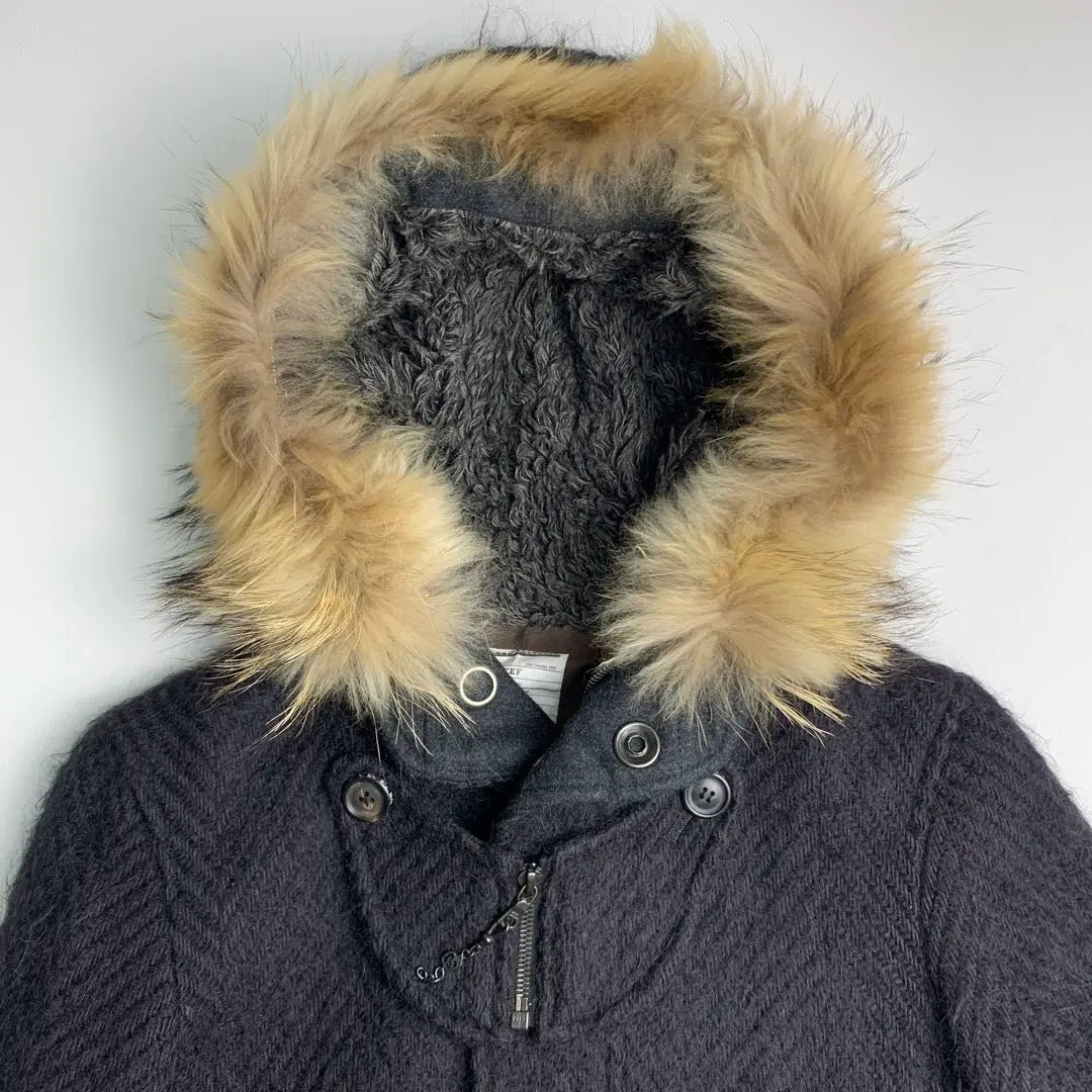 [Wool Herringbone] Shareef Mod Coat Hood Fur Belted Ted