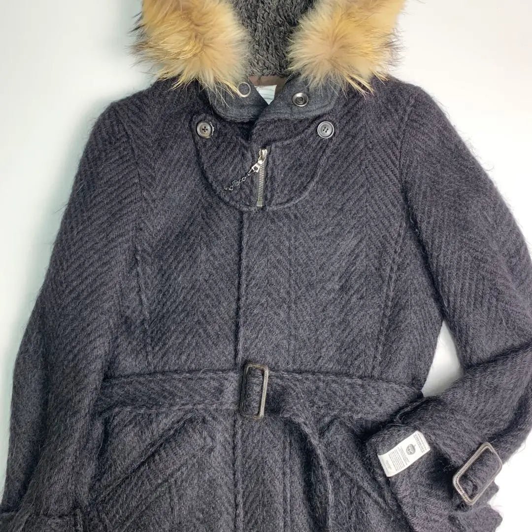 [Wool Herringbone] Shareef Mod Coat Hood Fur Belted Ted