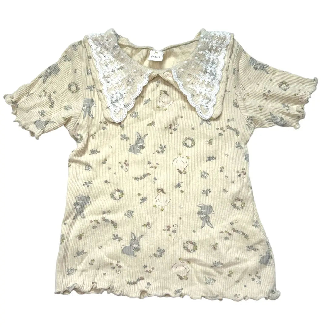 Cottoli Rabbit Duck Floral Lace Collar T-shirt Ivory