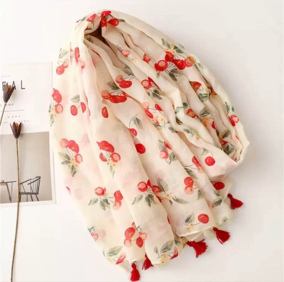 Large scarf, cute, cherry, silk-like, cherry pattern, shawl