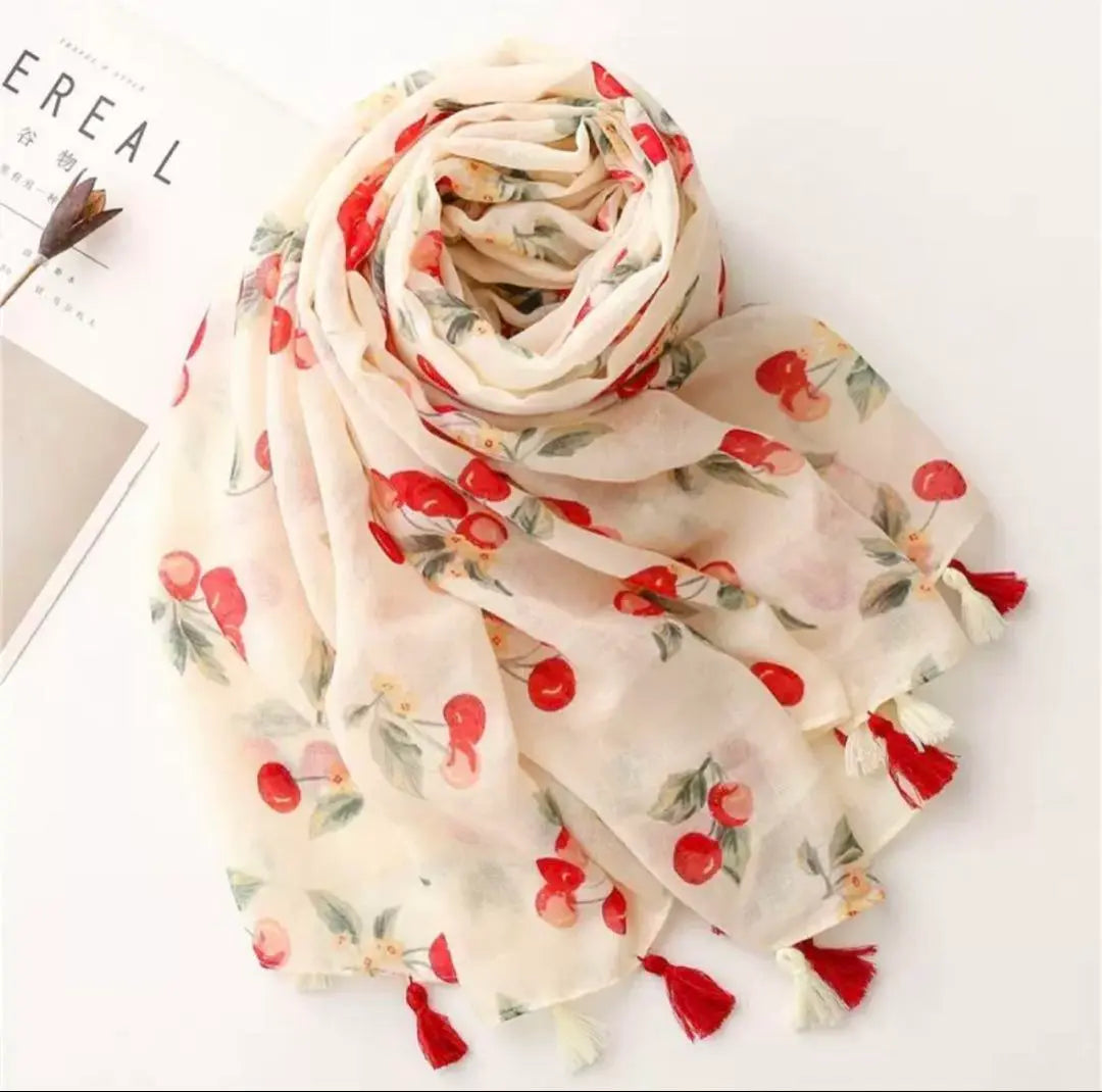 Large scarf, cute, cherry, silk-like, cherry pattern, shawl