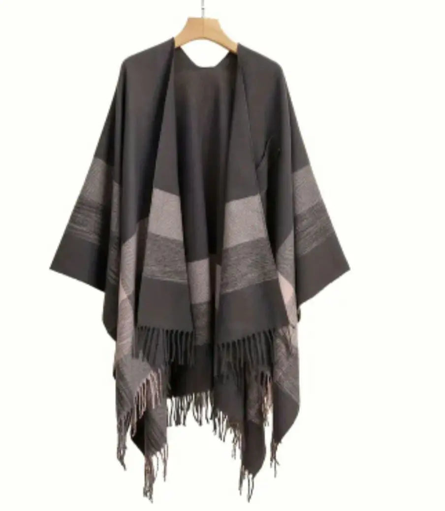 Open front tassel shawl, gray and pink