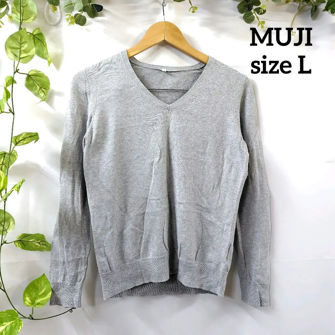 MUJI Blusa Relax Plan Manga Larga (L) Seda Corte Mixto Gris Sierra Escote pico | MUJI 良品計画 長袖ブラウス(L)シルク混 カットソー グレー Ｖネック