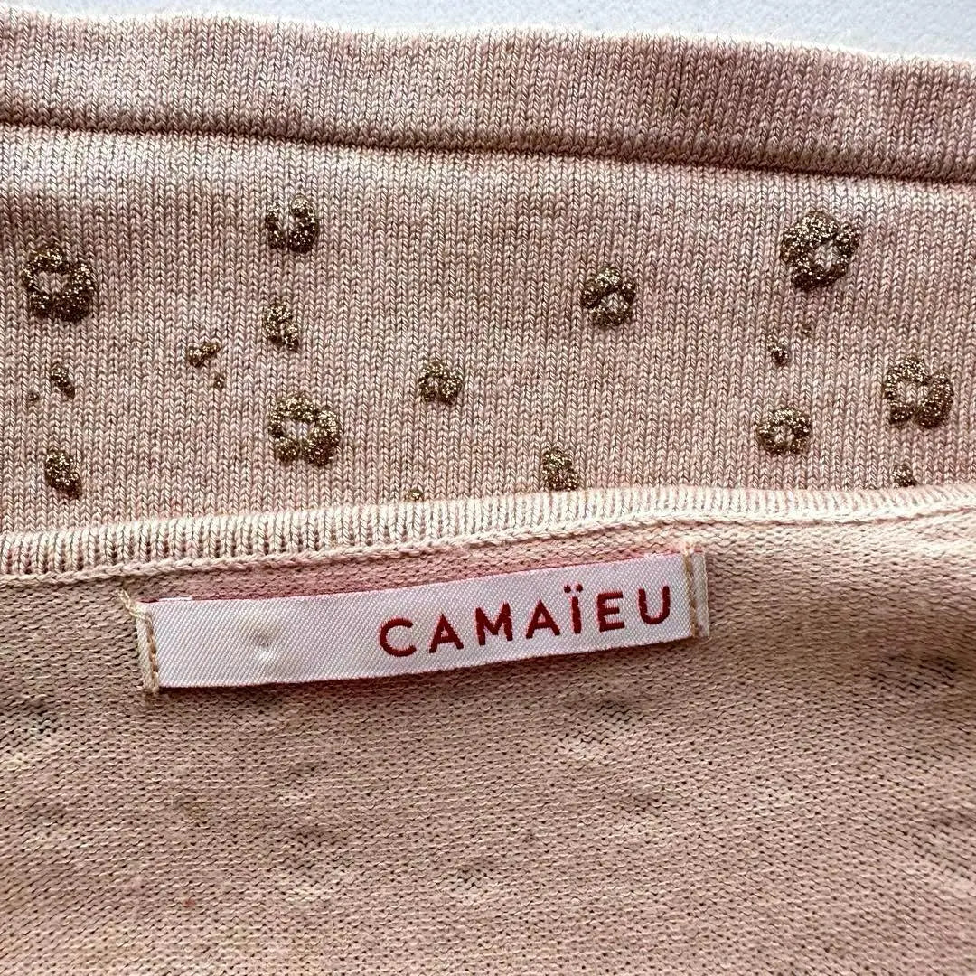 CAMAÏEU Women's L Beige Glitter Dot V-neck Cut and Sew