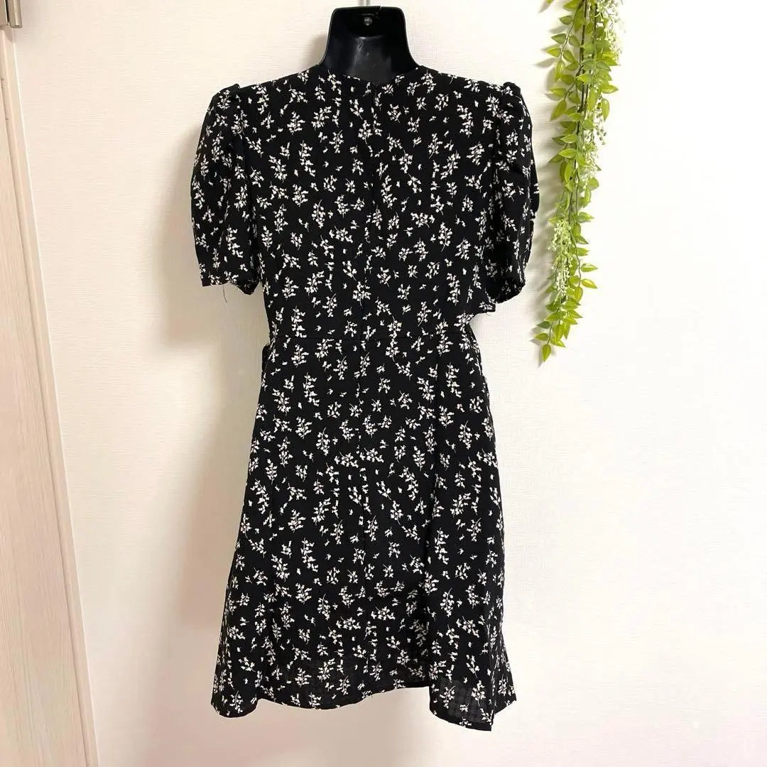 Vestido, manga corta, largo hasta la rodilla, acampanado, mangas abullonadas, estampado floral pequeño, lindo, adulto, retro