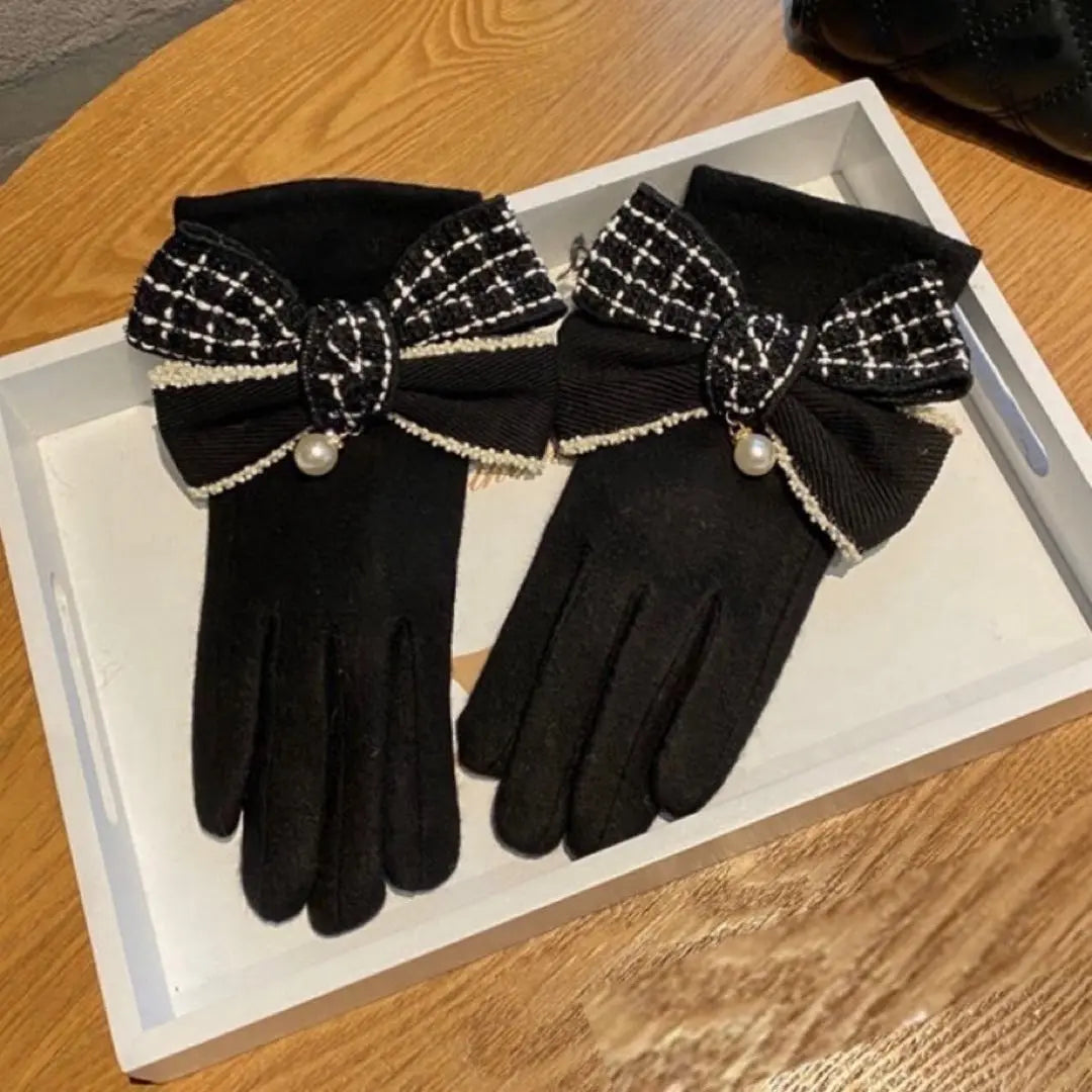 Ribbon Gloves Black Tweed Pearl 5 Fingers Cold Protection Women's Winter