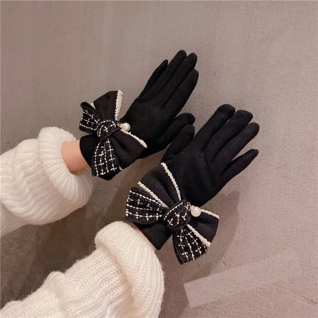 Ribbon Gloves Black Tweed Pearl 5 Fingers Cold Protection Women's Winter