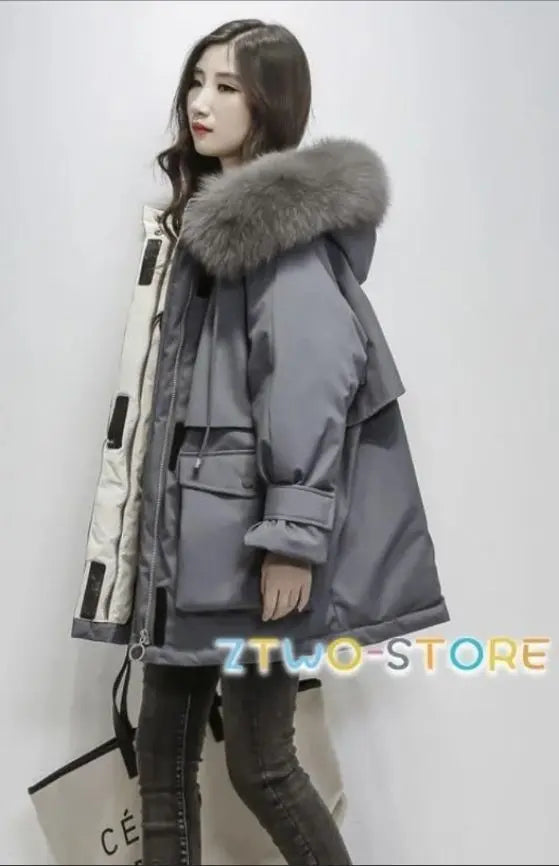 Down jacket ivory gray with fur ♡ Cold protection new