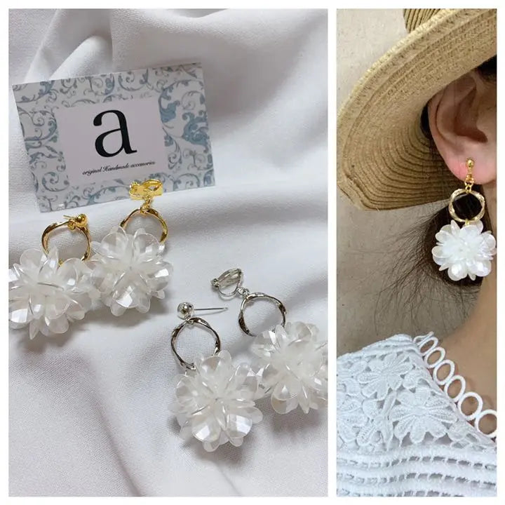 2204-2 Gold ☺︎ Hoop and large pearl flower earrings ☺︎