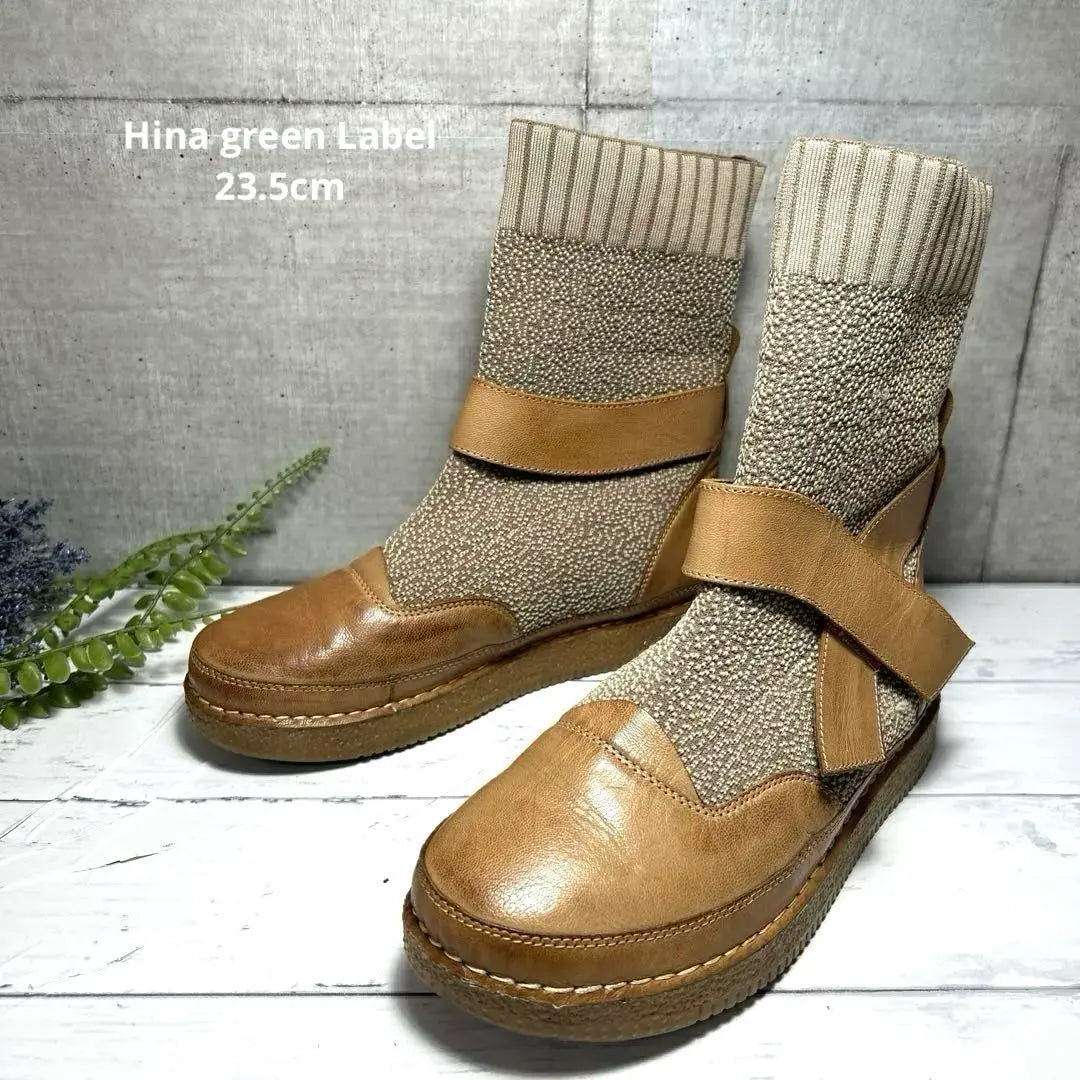 Good condition [Hina Green Label] Socks boots (23.5) Cross leather belt knit