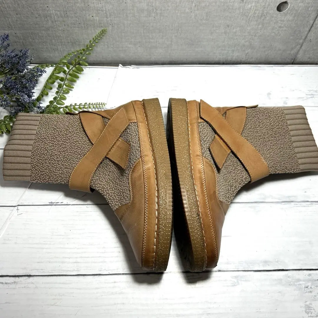 Good condition [Hina Green Label] Socks boots (23.5) Cross leather belt knit