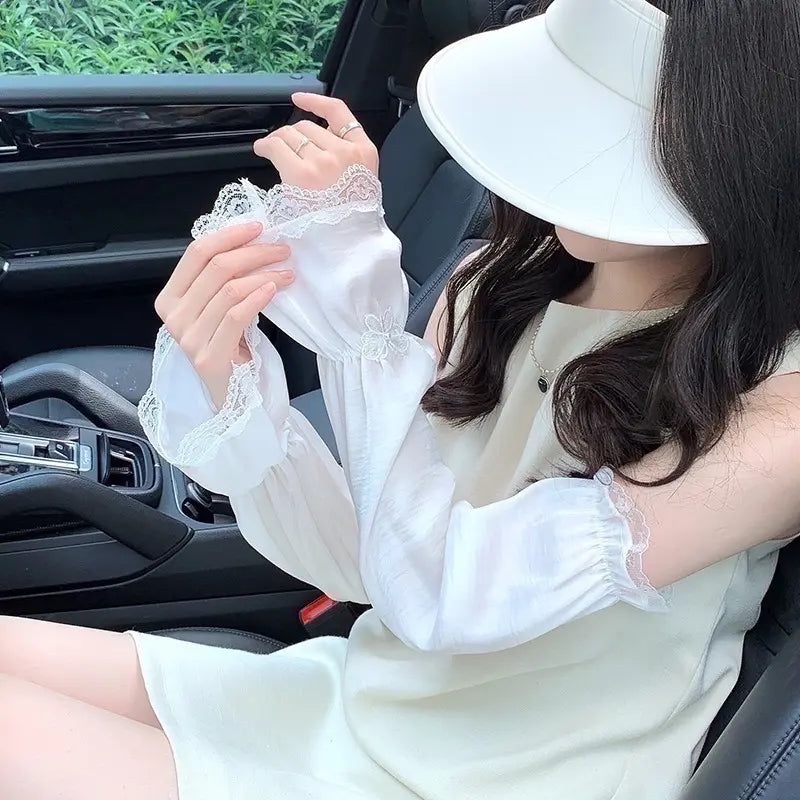 [White] Arm cover, lace, long, UV protection, UV protection, cute, spring and summer