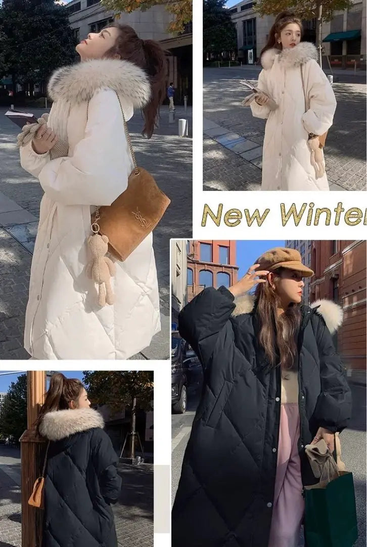 Luxurious long down coat with fur, lightweight and warm, hooded