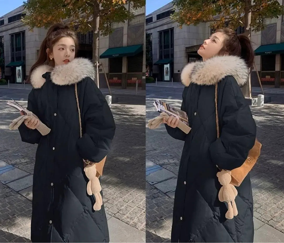 Luxurious long down coat with fur, lightweight and warm, hooded