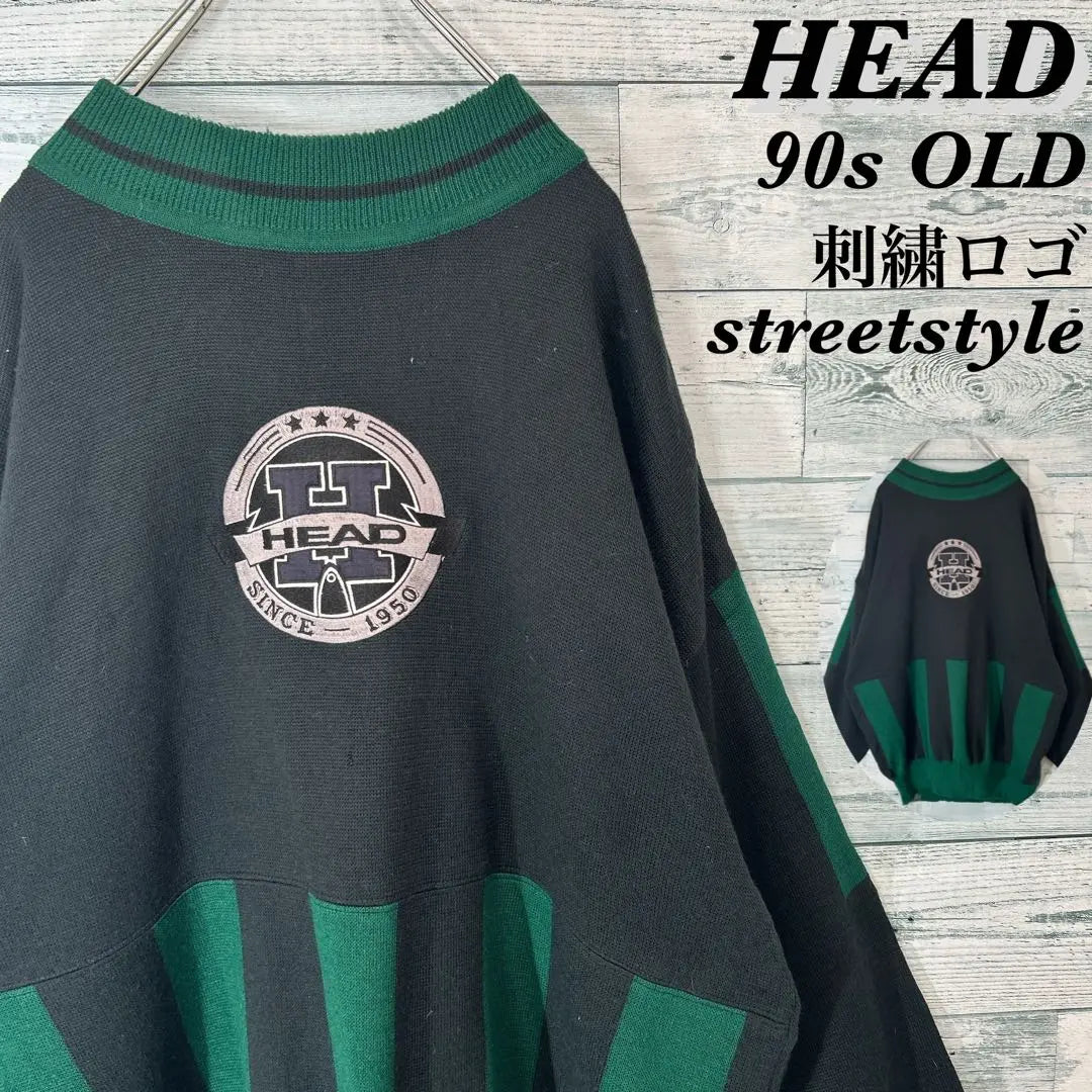 《Geki Rare》 Suéter de punto con logo bordado Old HEAD de los años 90 Ropa usada en la calle | 《激レア》 CABEZA VIEJA de los 90 刺繍ロゴ ニット セーター ストリート 古着