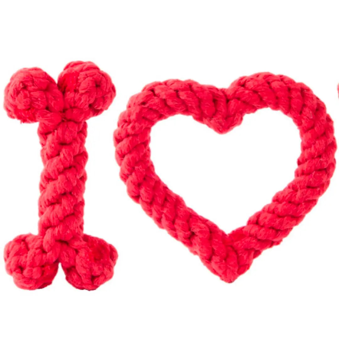 Dog Toys ❤️ Set of 2 Red Heart Bone Shape Rope Pet Toys Tearscal | 犬用おもちゃ ❤️ 2個セット 赤 ハート 骨型 ロープ ペット おもちゃ 歯石