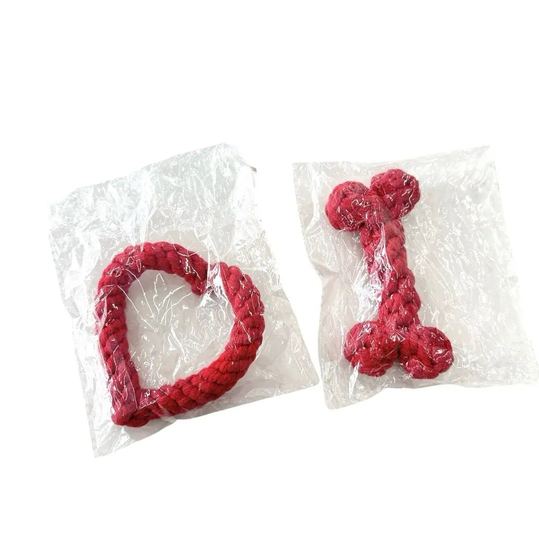 Dog Toys ❤️ Set of 2 Red Heart Bone Shape Rope Pet Toys Tearscal | 犬用おもちゃ ❤️ 2個セット 赤 ハート 骨型 ロープ ペット おもちゃ 歯石