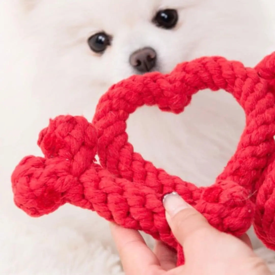 Dog Toys ❤️ Set of 2 Red Heart Bone Shape Rope Pet Toys Tearscal | 犬用おもちゃ ❤️ 2個セット 赤 ハート 骨型 ロープ ペット おもちゃ 歯石