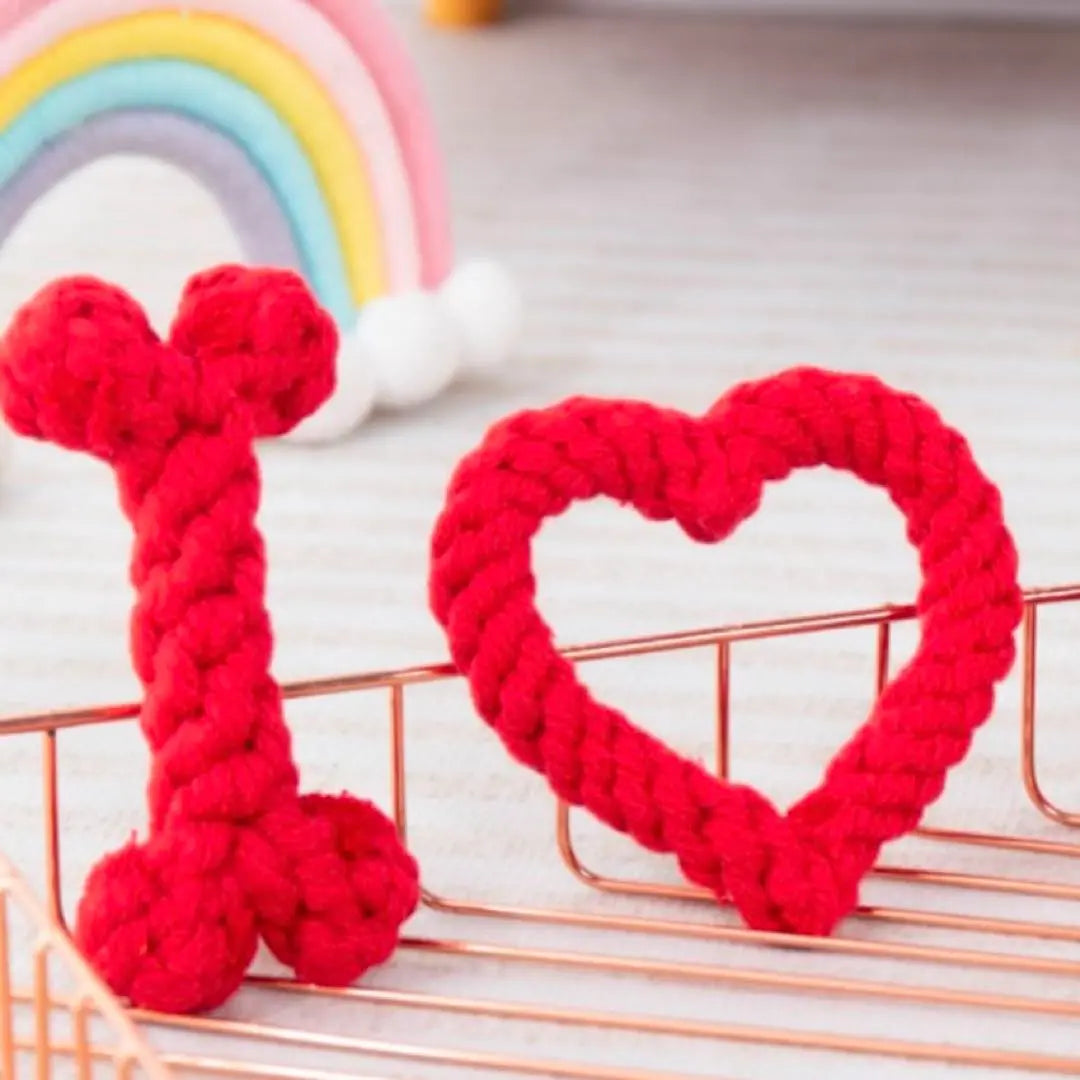 Dog Toys ❤️ Set of 2 Red Heart Bone Shape Rope Pet Toys Tearscal | 犬用おもちゃ ❤️ 2個セット 赤 ハート 骨型 ロープ ペット おもちゃ 歯石