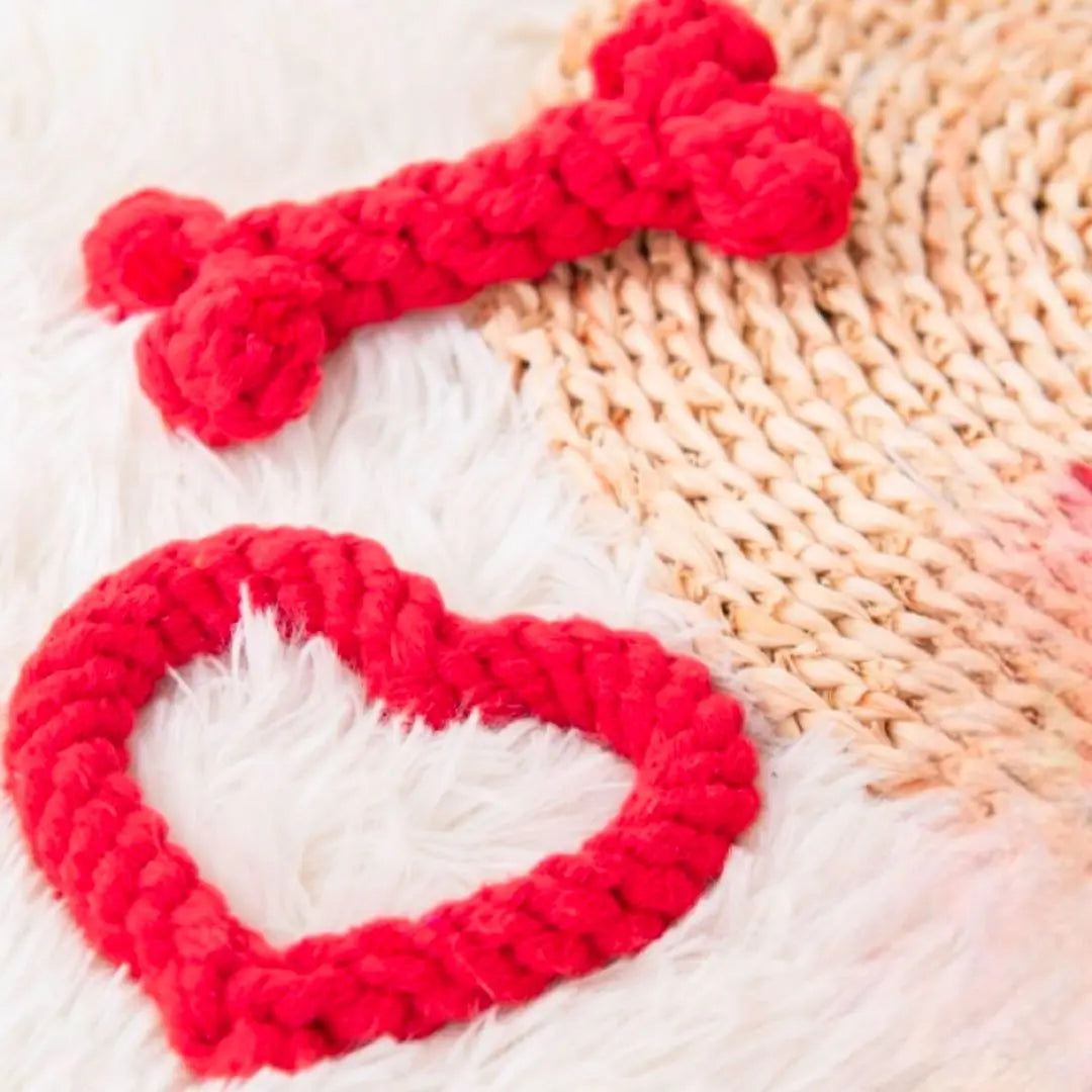 Dog Toys ❤️ Set of 2 Red Heart Bone Shape Rope Pet Toys Tearscal | 犬用おもちゃ ❤️ 2個セット 赤 ハート 骨型 ロープ ペット おもちゃ 歯石