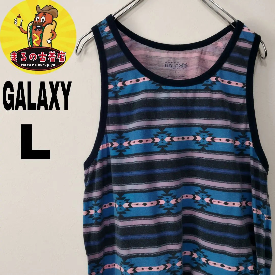 USA Vintage GALAXY Tank Top L All-over Pattern Blue