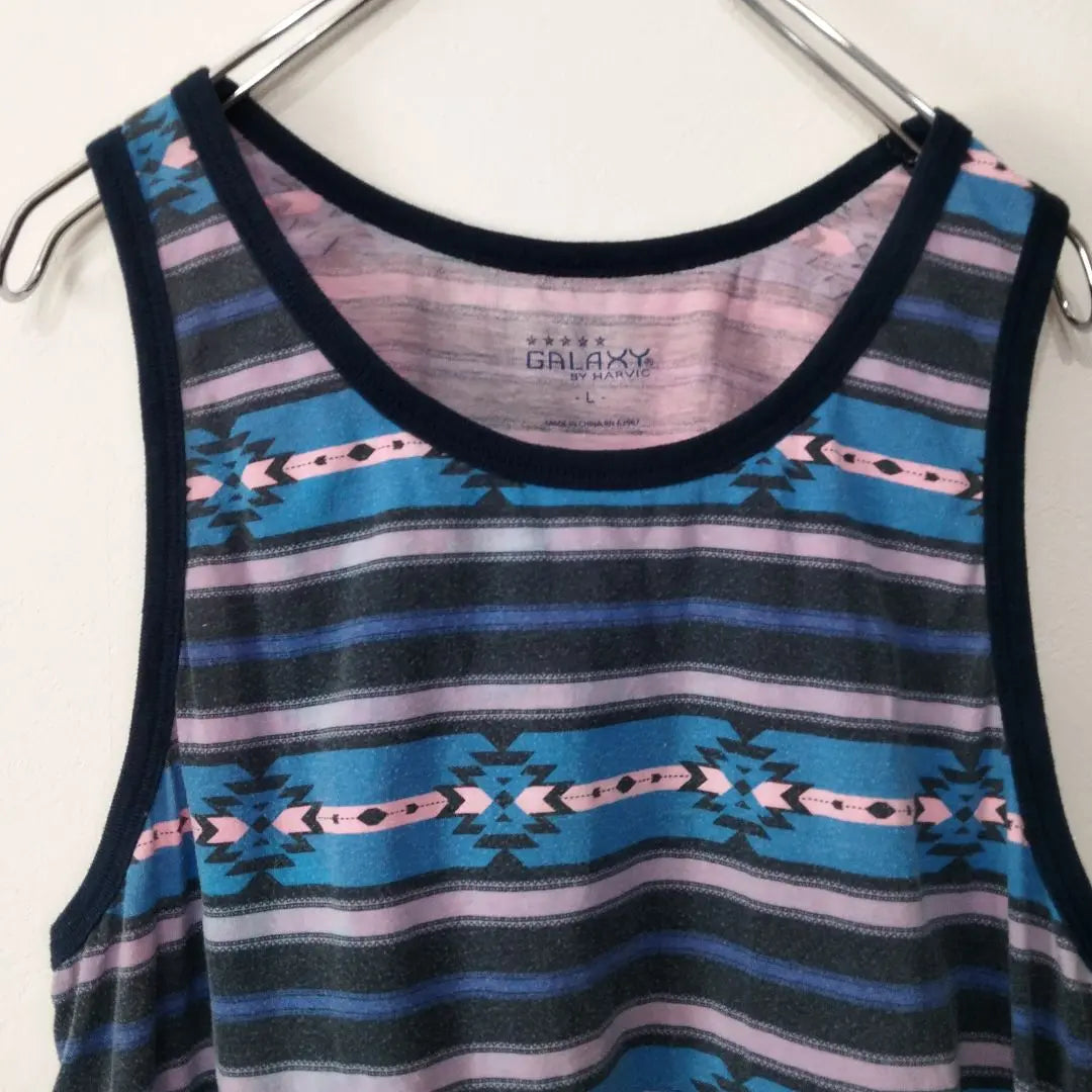 USA Vintage GALAXY Tank Top L All-over Pattern Blue