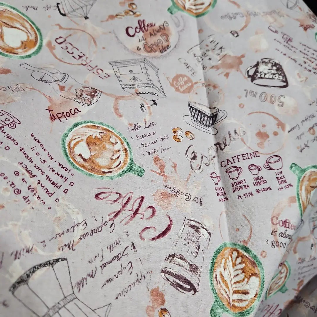 Coffee pattern, printed fabric, handmade, 80% cotton, 20% linen